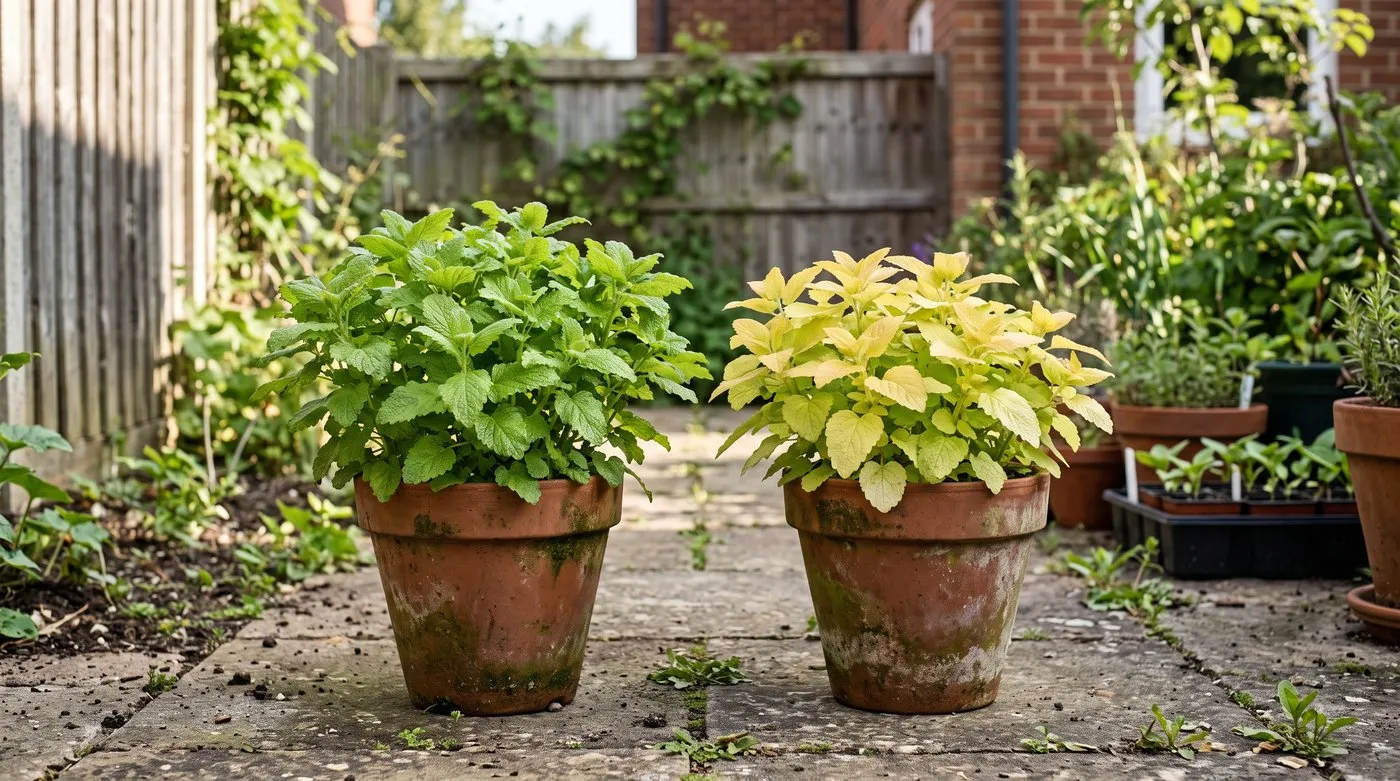 Common green lemon balm next to golden All Gold lemon balm in pots