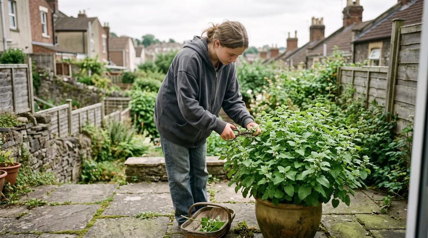 Teenage girl snipping flower stems off a potted lemon balm plant on a patio