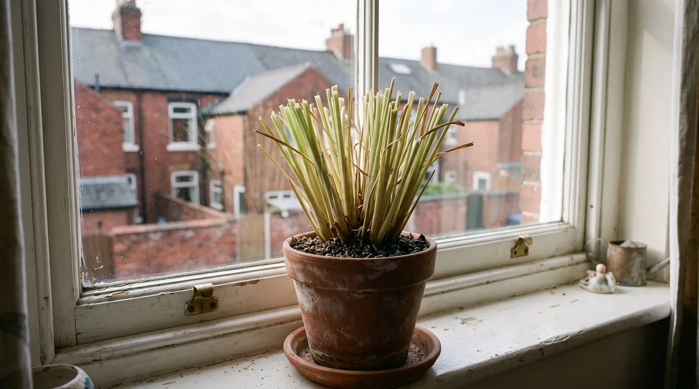 Lemon grass cut back to about 20cm in a pot on a bright windowsill for winter