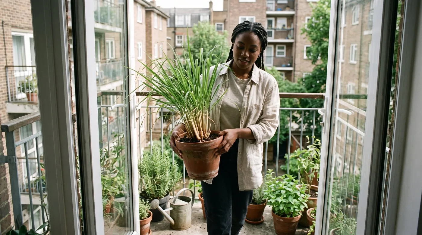 Woman carrying a pot of lemon grass out onto a sunny balcony in early summer