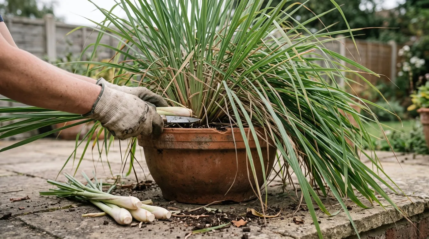 Gloved hands cutting a thick outer lemon grass stalk from a potted clump on a patio