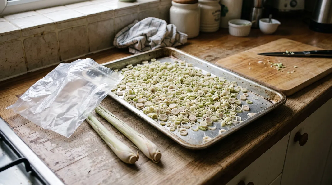 Sliced lemon grass stalks on a tray ready for freezing beside whole stalks