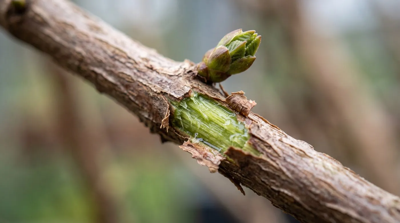 Scratched lemon verbena stem showing green living tissue under the brown bark in March