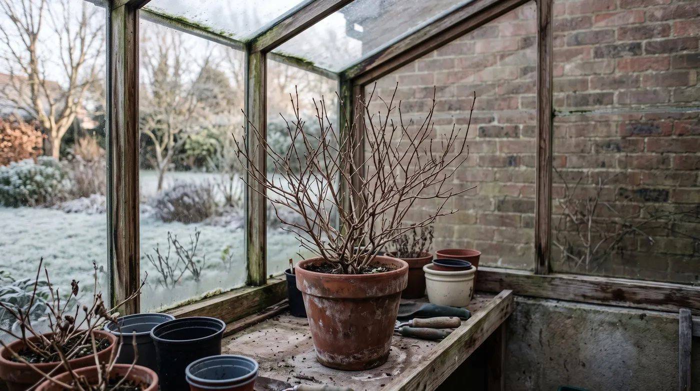 Leafless, dormant lemon verbena in a terracotta pot inside an unheated greenhouse in winter