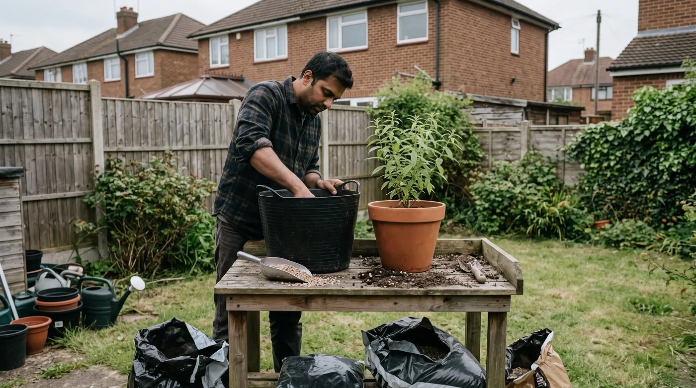 Man potting a young lemon verbena into a large terracotta pot with gritty compost