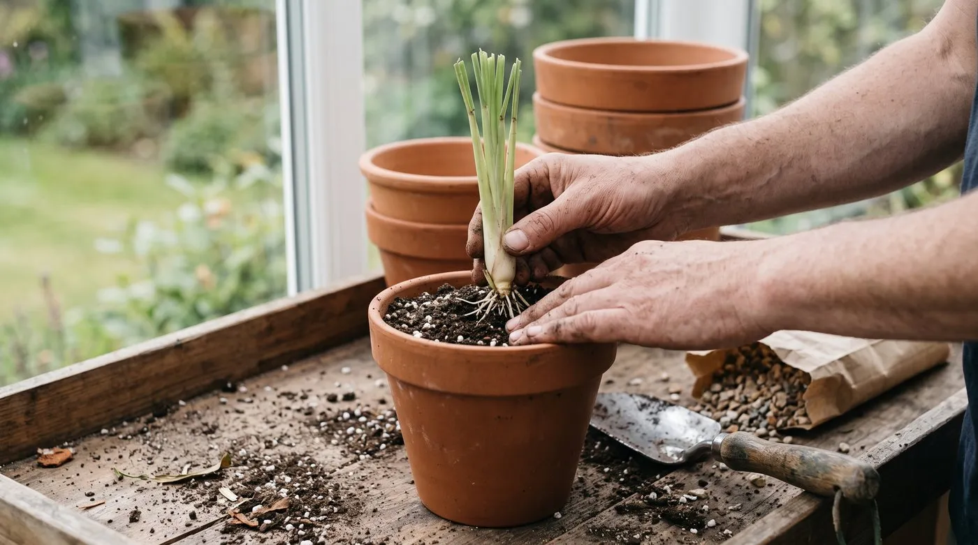 A rooted lemongrass stem being potted into gritty peat-free compost in a small terracotta pot
