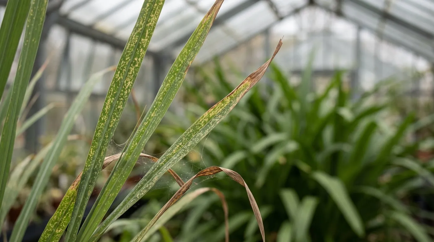 Lemongrass leaves with fine yellow speckling and silky webbing from red spider mite