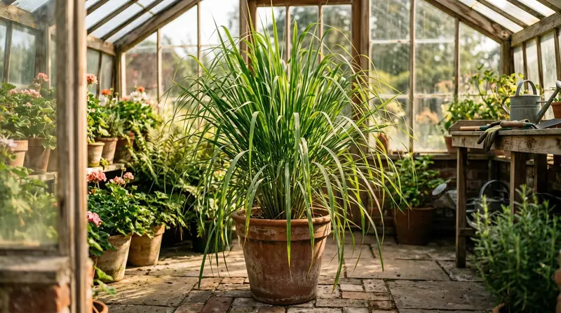 Mature lemongrass plant in a large terracotta pot with arching green leaves in a sunny UK conservatory with afternoon light