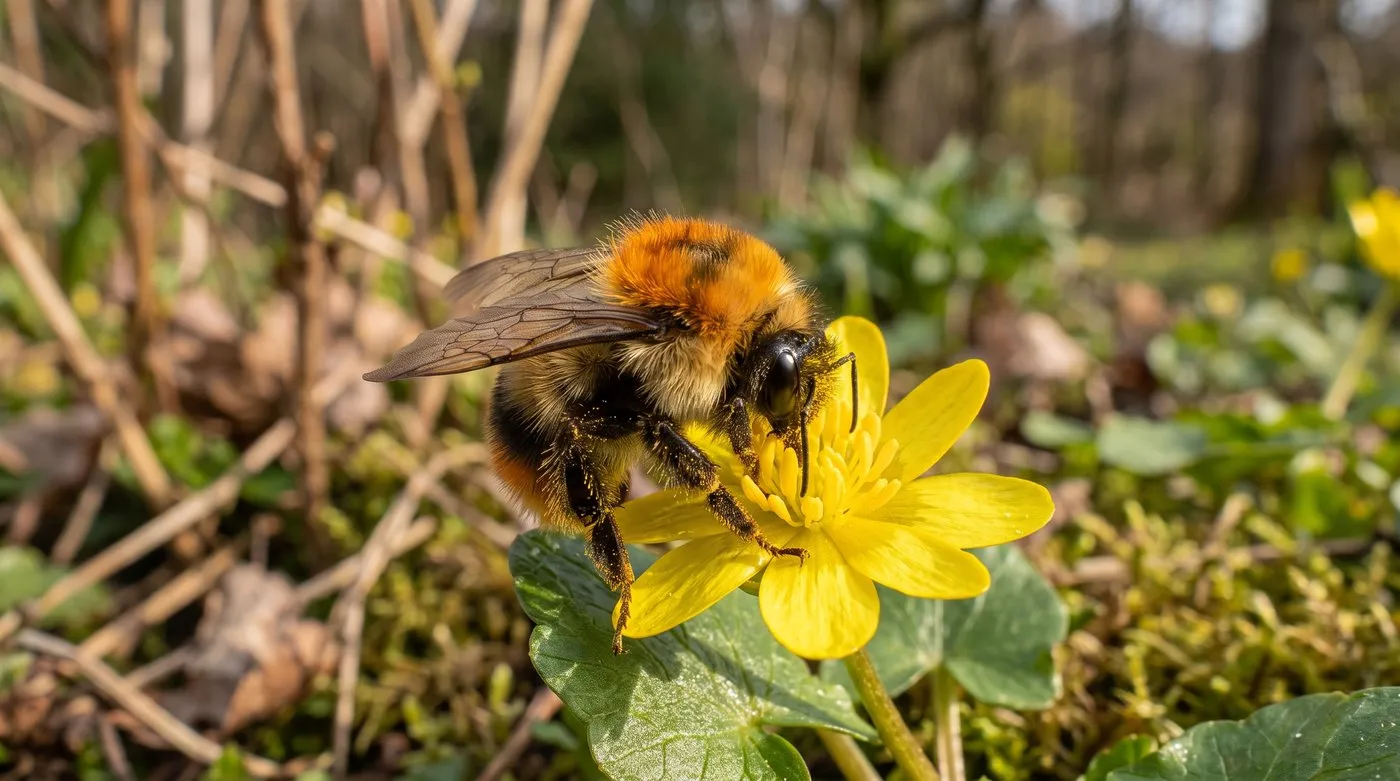 A queen bumblebee feeding on an open yellow lesser celandine flower in a Scottish garden in early spring sunshine