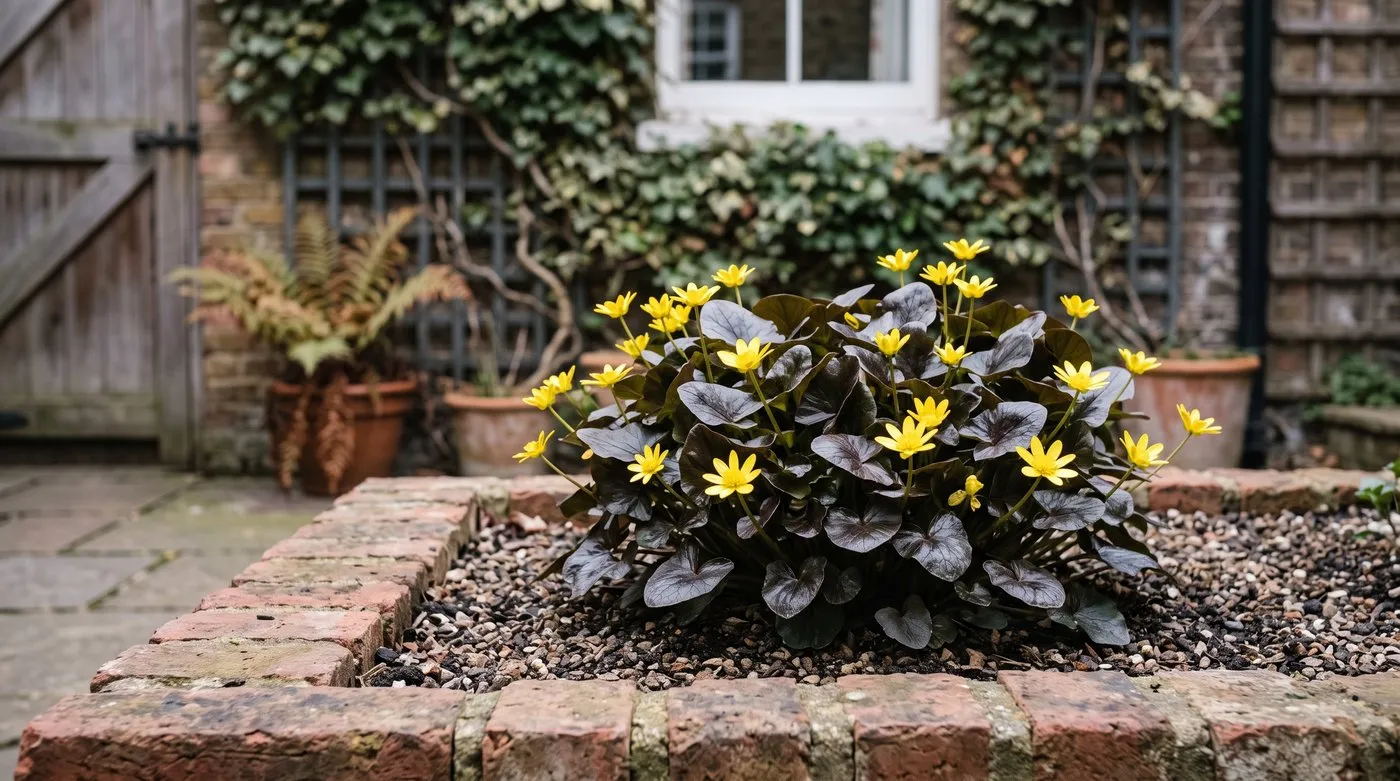 The bronze-leaved lesser celandine cultivar Brazen Hussy growing in a raised bed in a London townhouse garden