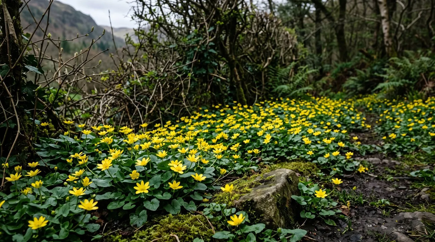 Lesser celandine forming a bright yellow carpet across a damp Welsh woodland garden floor in early spring