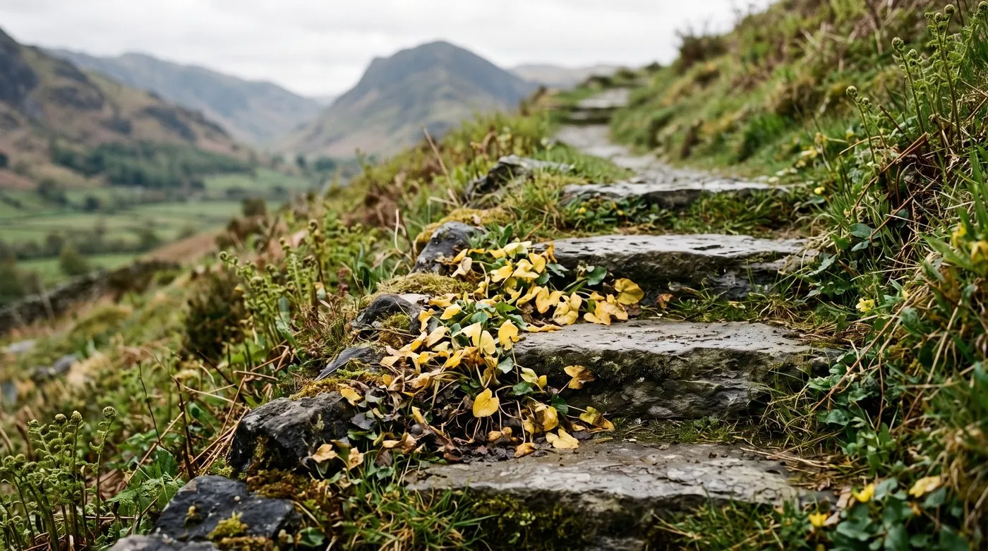Weathered garden steps in a Lake District garden with lesser celandine foliage yellowing and dying back in late May