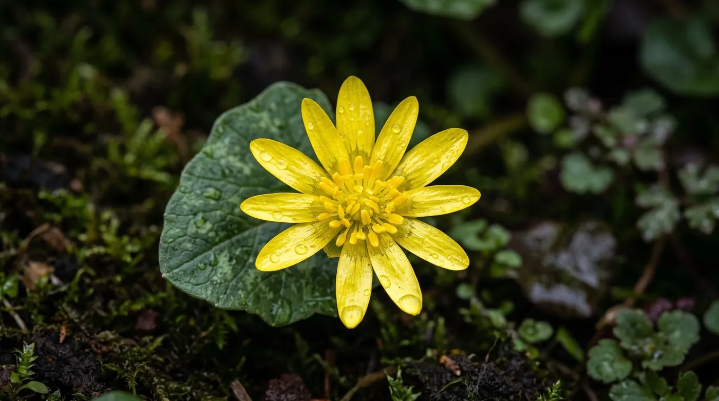 Close-up of glossy yellow lesser celandine flowers showing eight to twelve narrow star-shaped petals in a Staffordshire border