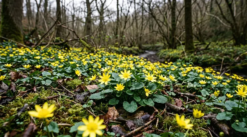 Lesser celandine carpeting a damp woodland floor with glossy yellow star-shaped flowers in early spring