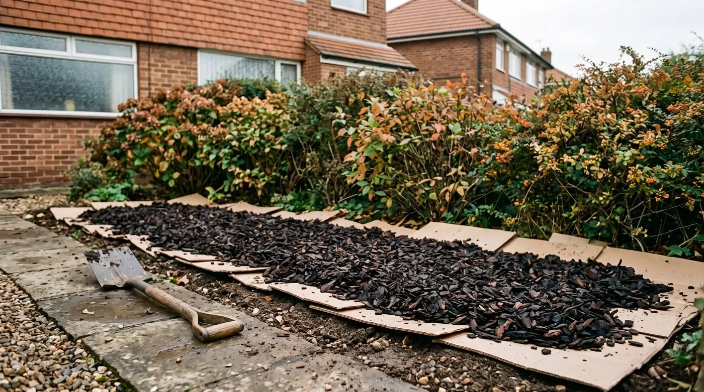 A patch of lesser celandine covered with overlapping cardboard and a thick bark mulch layer in a suburban border