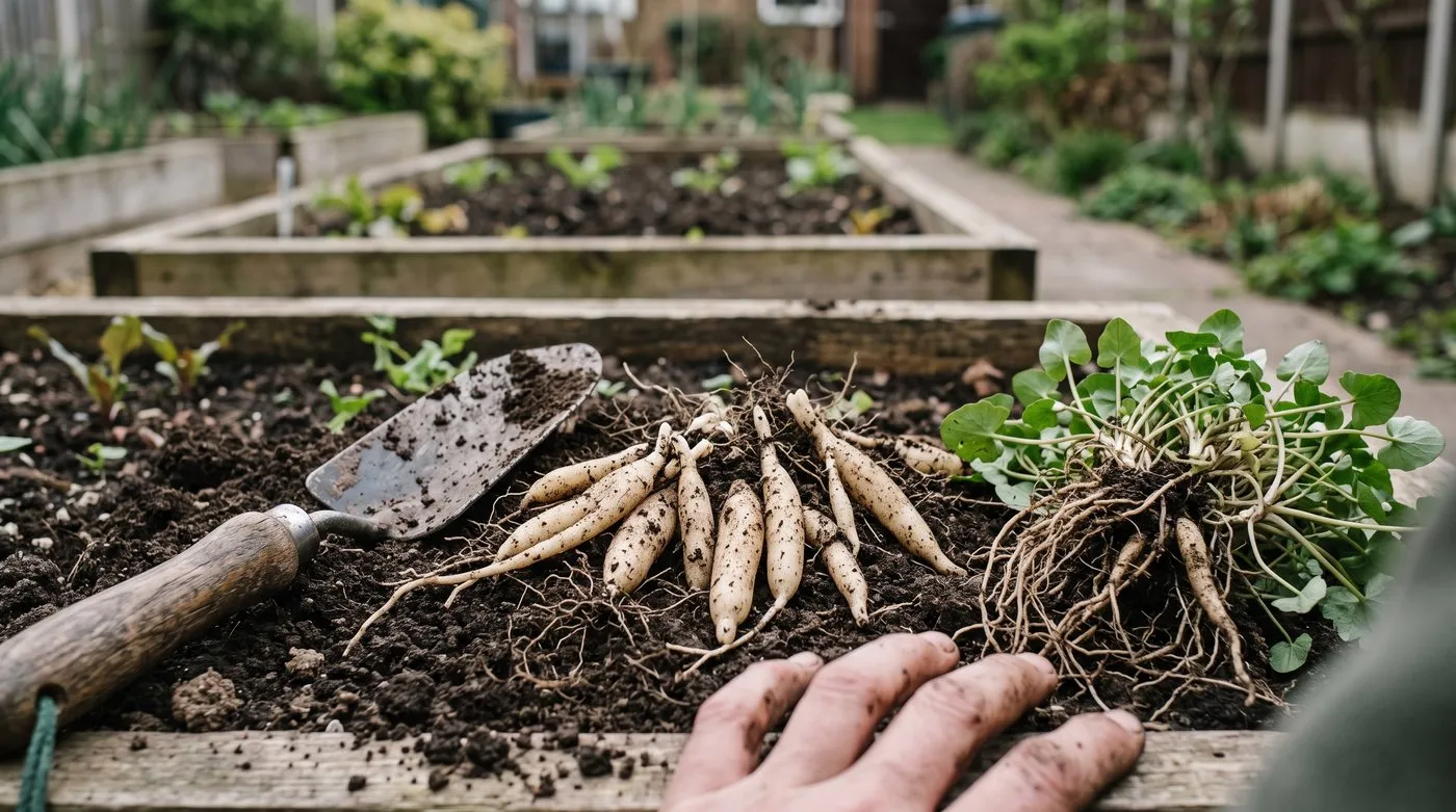Pale finger-like lesser celandine root tubers lifted from dark soil beside a hand trowel showing why the plant spreads