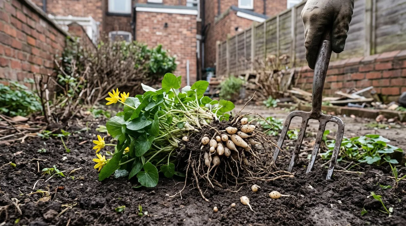 Dug-up lesser celandine clump showing a cluster of small pale club-shaped root tubers