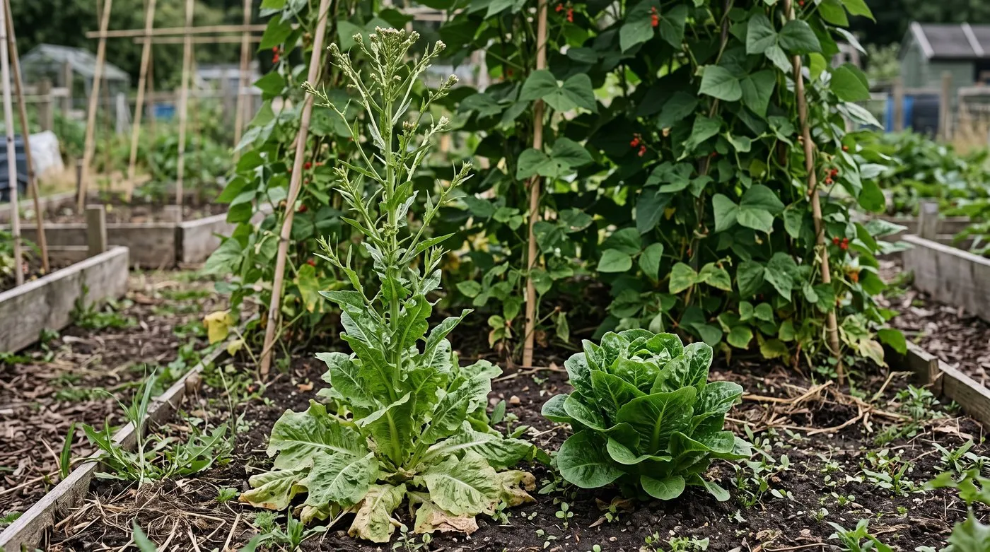 Bolting lettuce with a tall, stretched centre beside a compact, healthy Little Gem