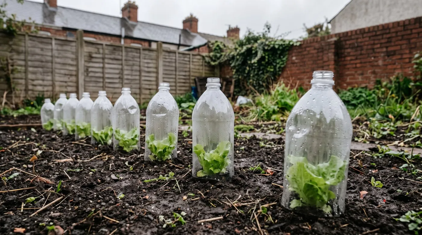 Young lettuce plants protected under cut-off clear plastic bottles in a spring veg bed