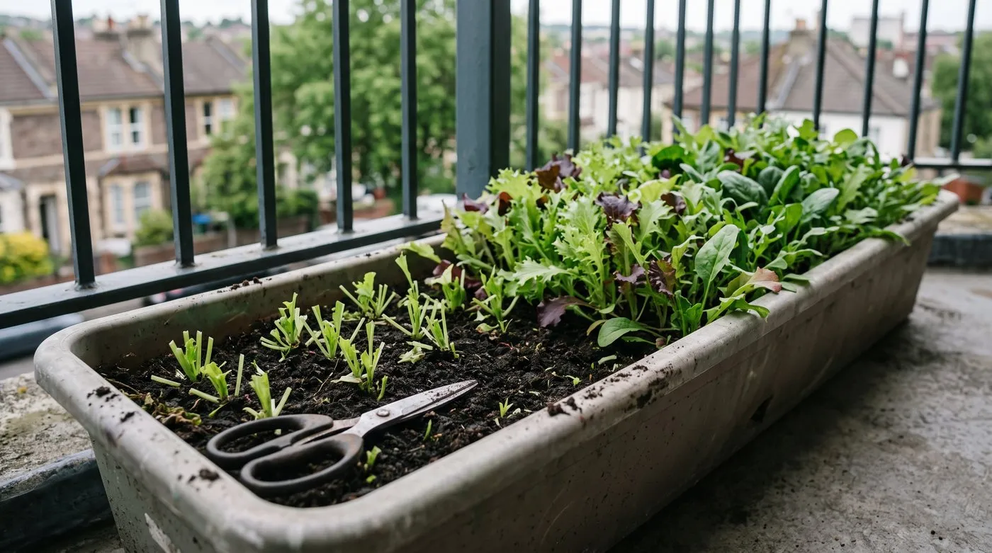 Trough of mixed baby lettuce with half the leaves cut 2-3cm above the compost to regrow