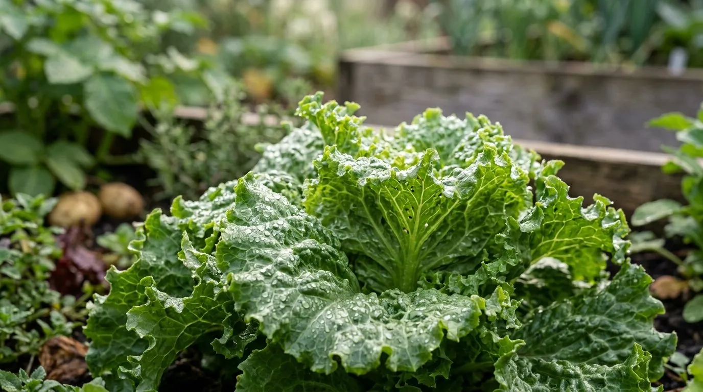 Morning dew droplets on lettuce leaves in a UK vegetable patch showing the wet-leaf conditions downy mildew needs to spread
