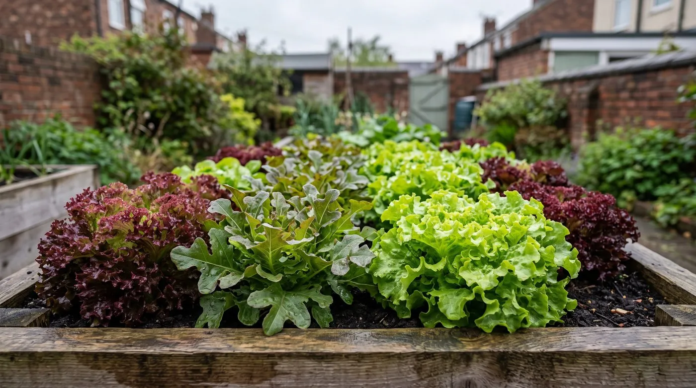 Lollo Rossa, Oak Leaf and Salad Bowl loose-leaf lettuces growing in a raised bed