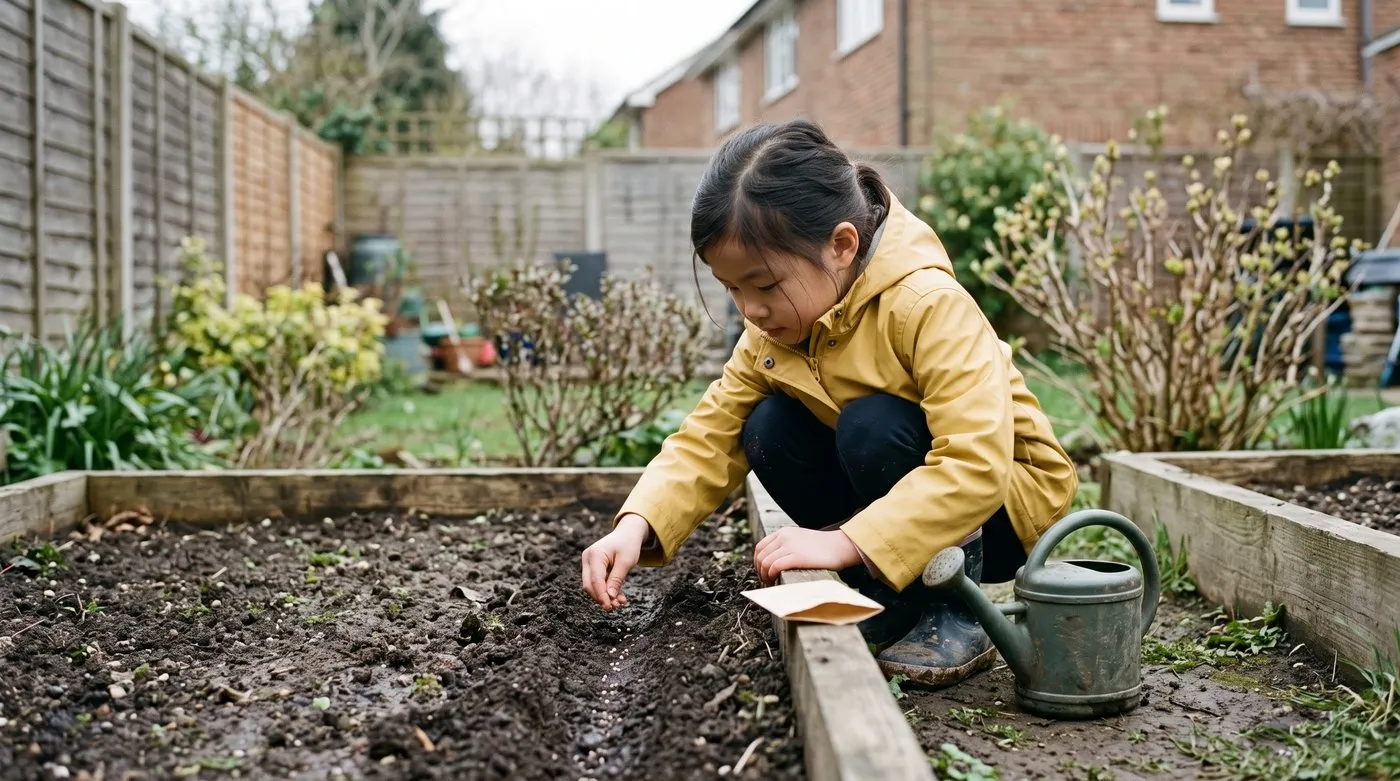 Young girl sprinkling lettuce seed thinly into a watered drill in a raised bed
