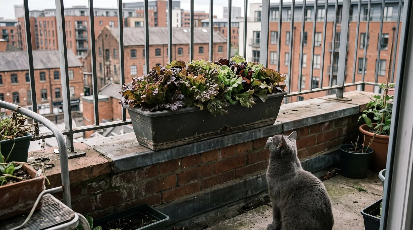 Window box of red and green lettuce on a flat balcony, with a grey cat looking up at it