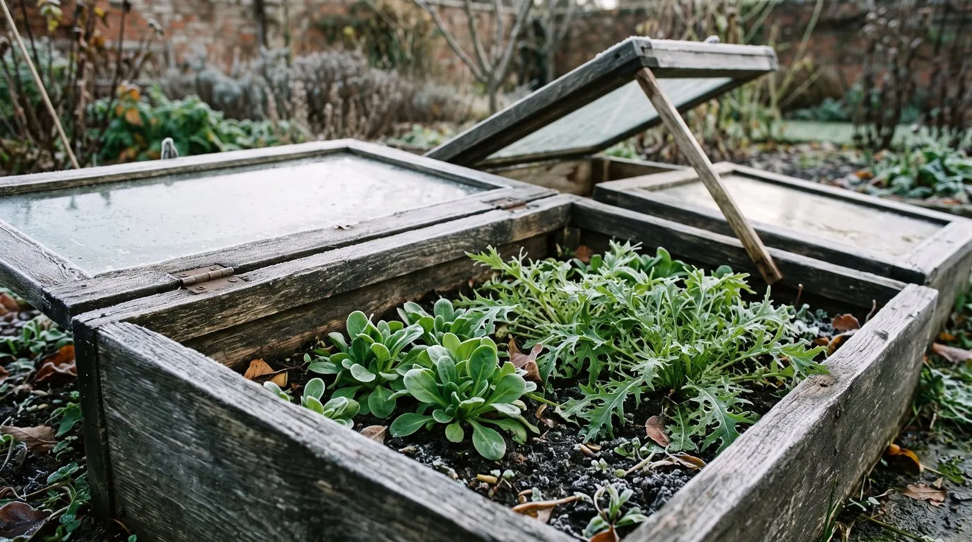 Lamb's lettuce rosettes and feathery mizuna growing in a frosty cold frame in November