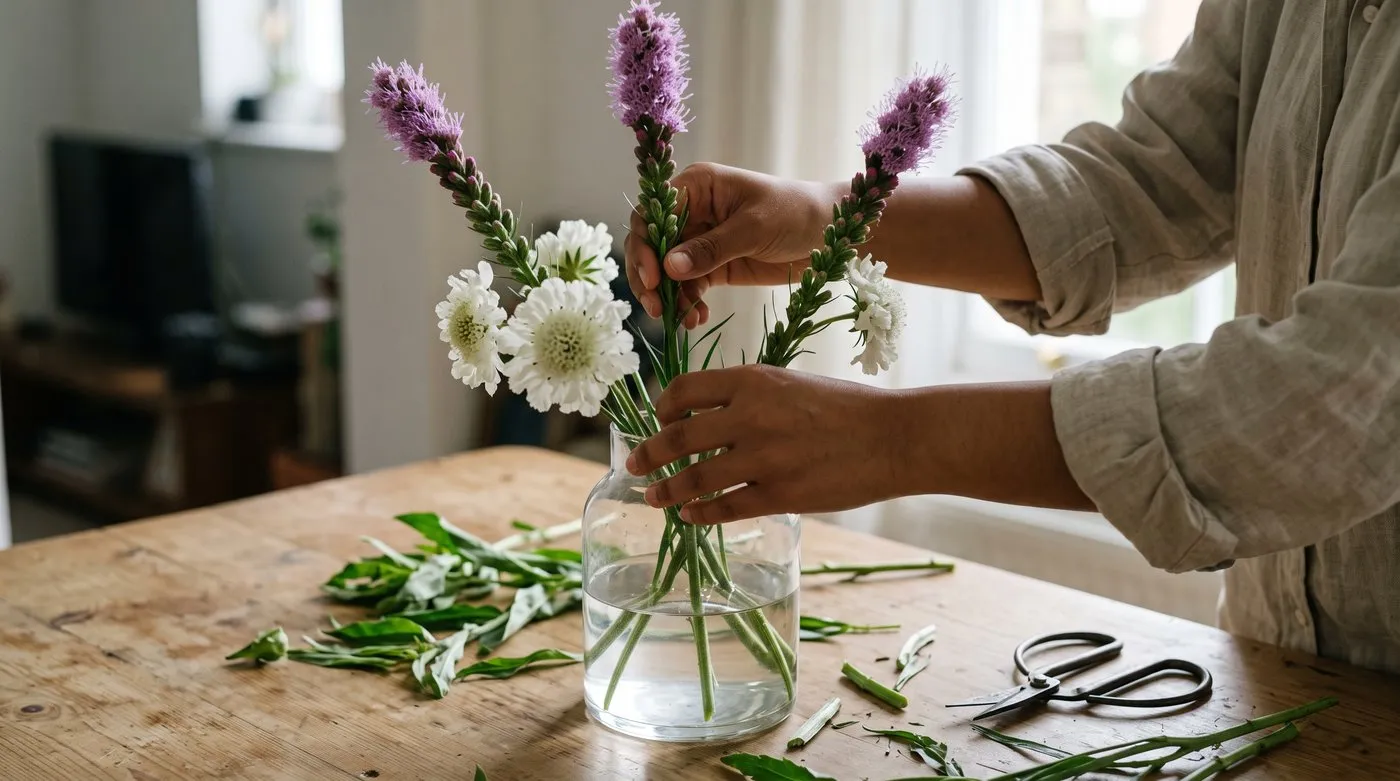 Hands arranging cut purple liatris spikes with white scabious in a glass vase