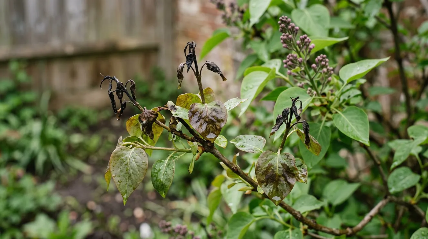 Lilac shoots with brown, soggy leaf patches and blackened tips from lilac blight