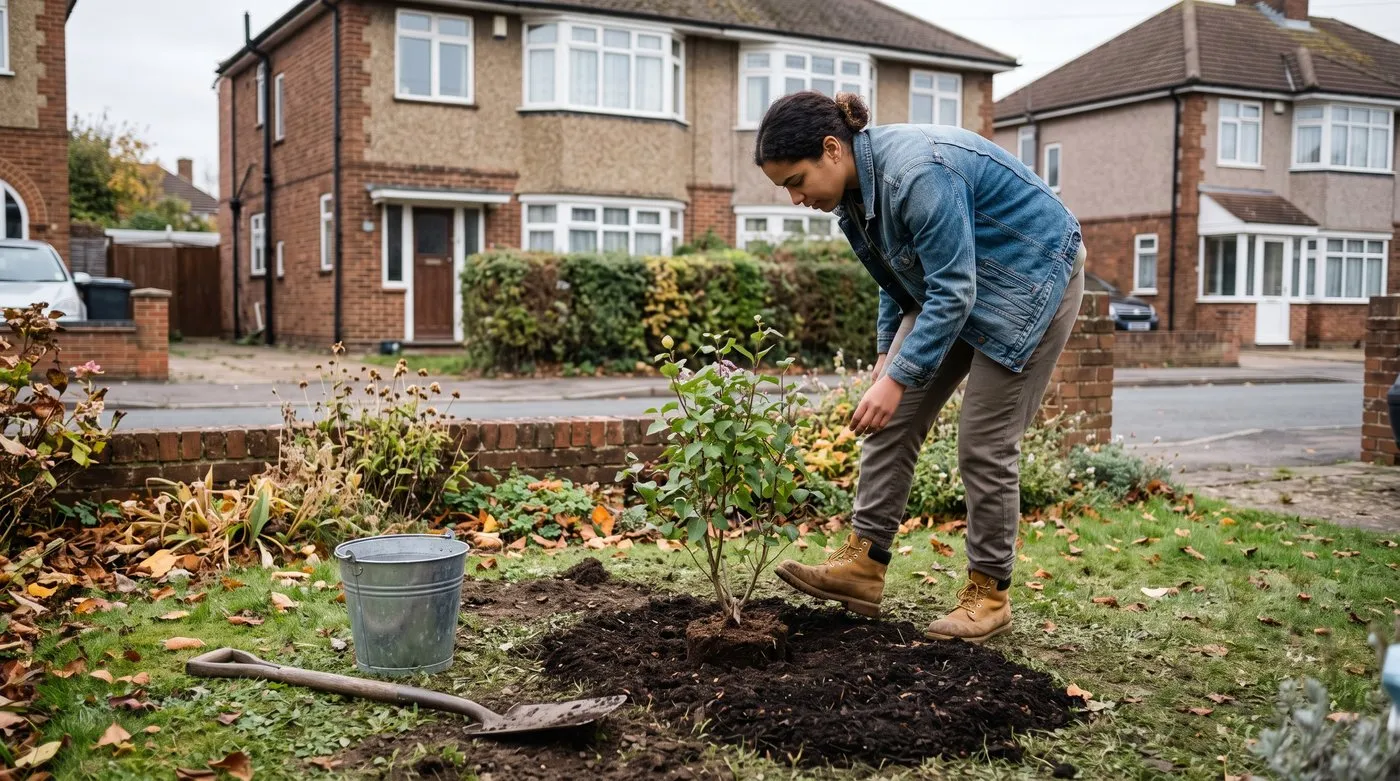 Young woman firming soil with her boot around a newly planted lilac in autumn