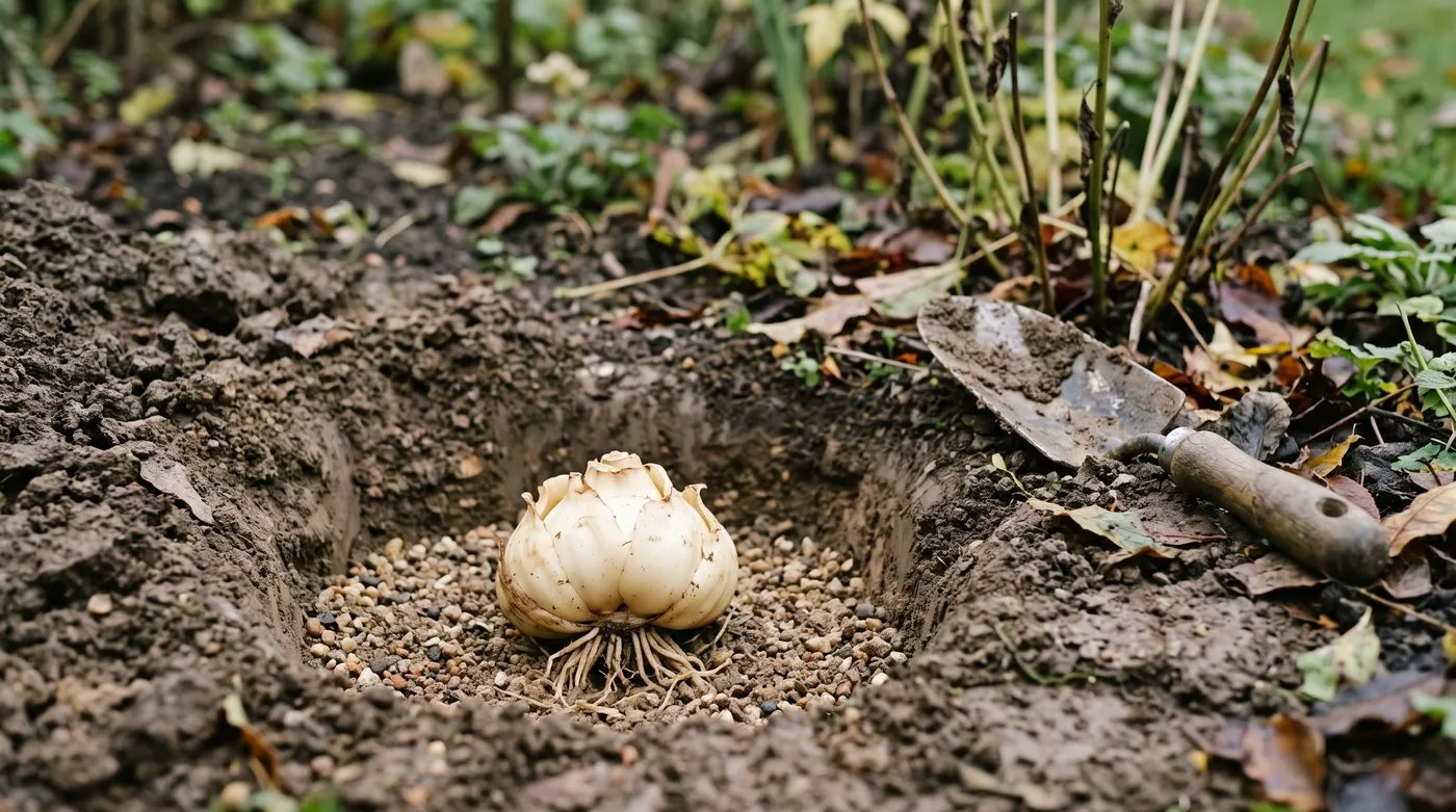 Scaly lily bulb sitting on a layer of grit at the bottom of a deep planting hole