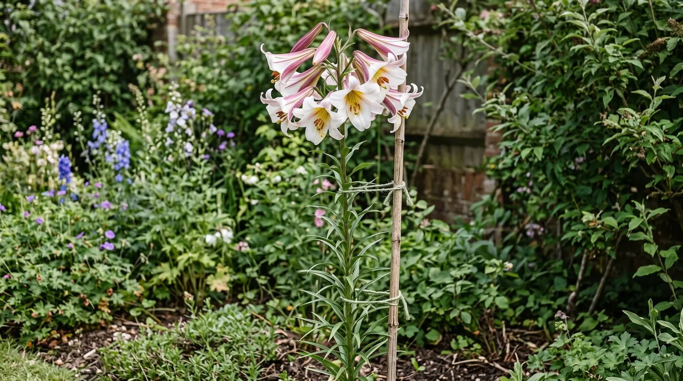 Tall regale lily stem tied loosely to a bamboo cane with soft twine