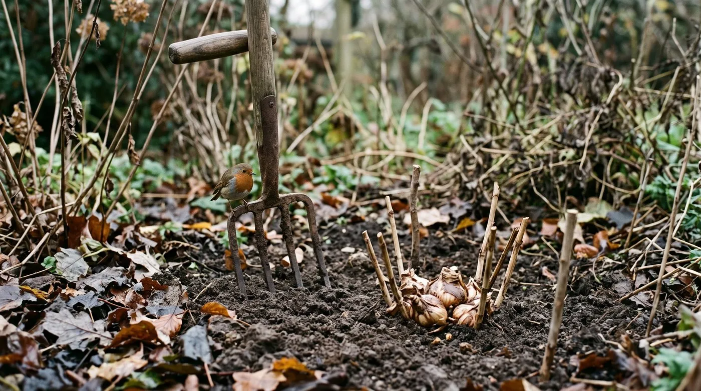 A robin perched on a garden fork in lightly turned soil around dormant lilies in November