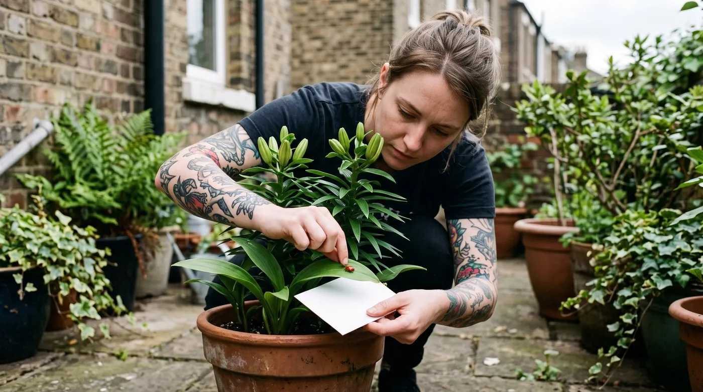 A woman holding white card under a lily leaf to catch a red lily beetle before it drops