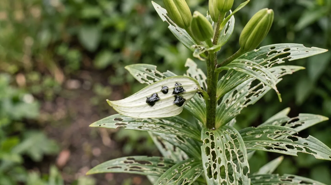 Lily leaves chewed into holes, with shiny black blobs hiding lily beetle grubs underneath