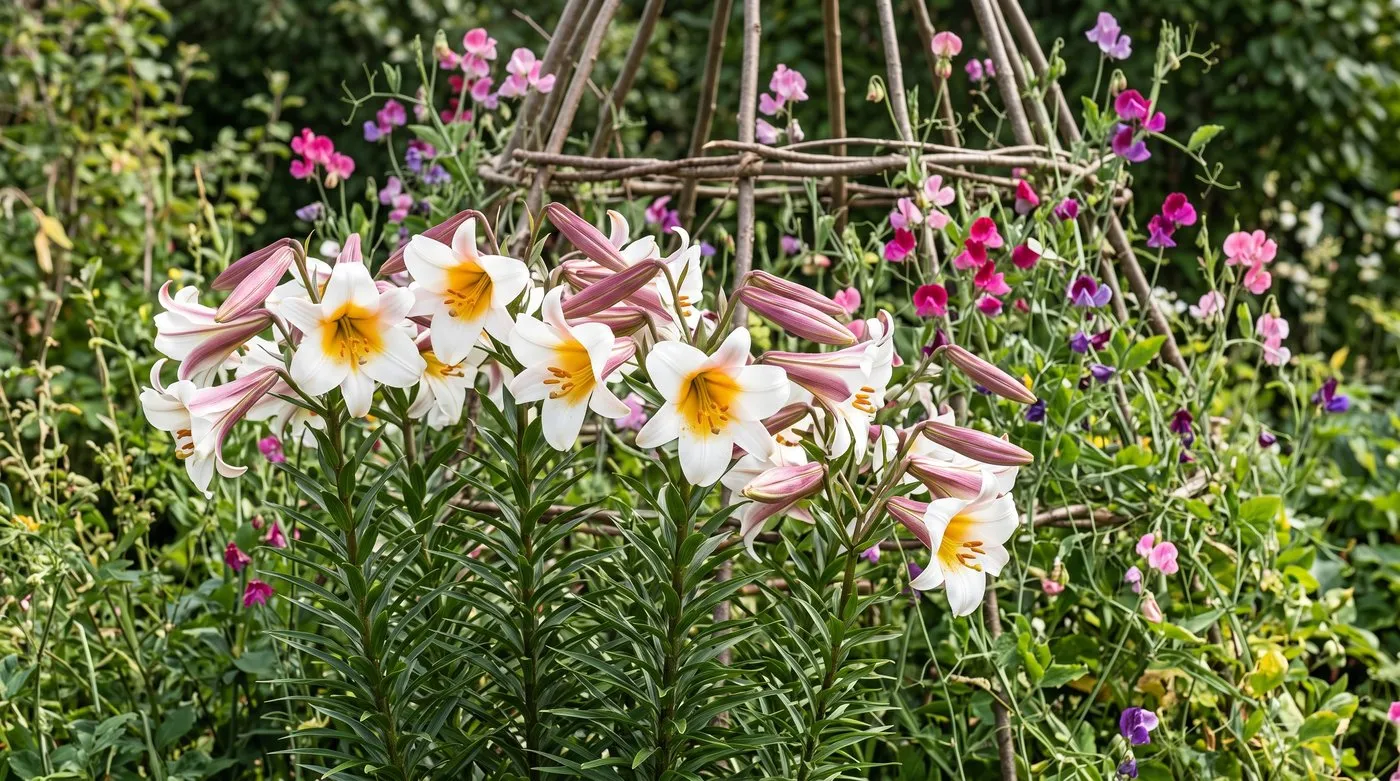 Scented white trumpet flowers of Lilium regale in a July border with sweet peas behind