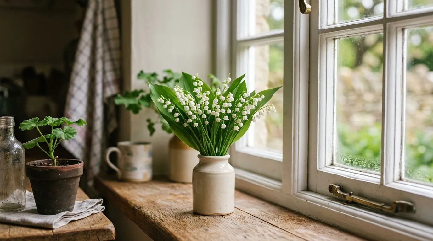 A small bunch of cut lily of the valley stems in a clear glass vase on a UK kitchen windowsill in May releasing strong floral fragrance
