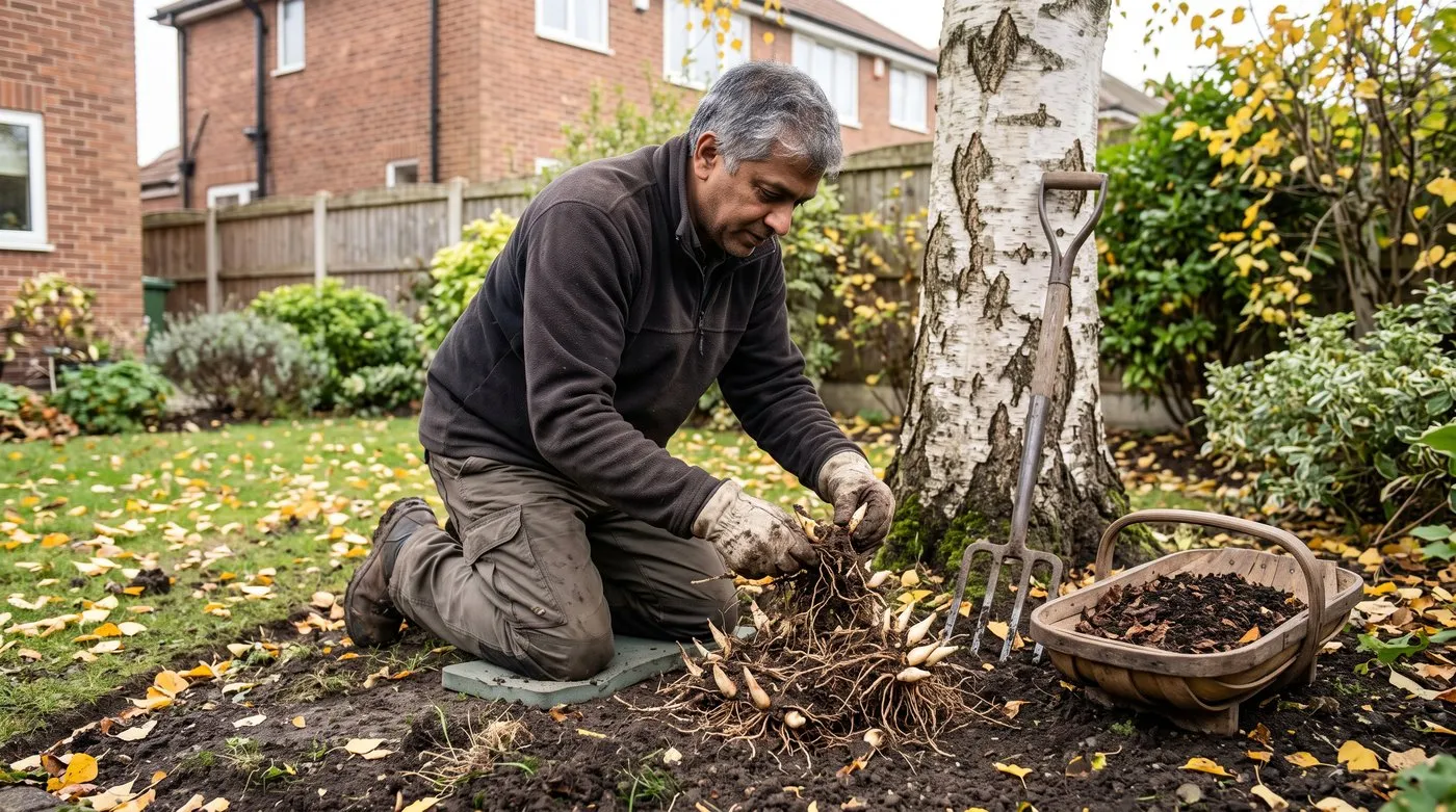 Gloved gardener pulling apart a lifted clump of lily of the valley rhizomes in a shady autumn bed