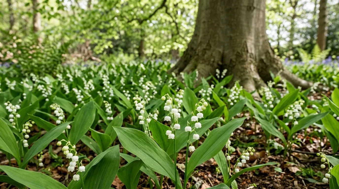 Lily of the valley naturalised ground cover beneath mature beech tree in dry shade UK garden