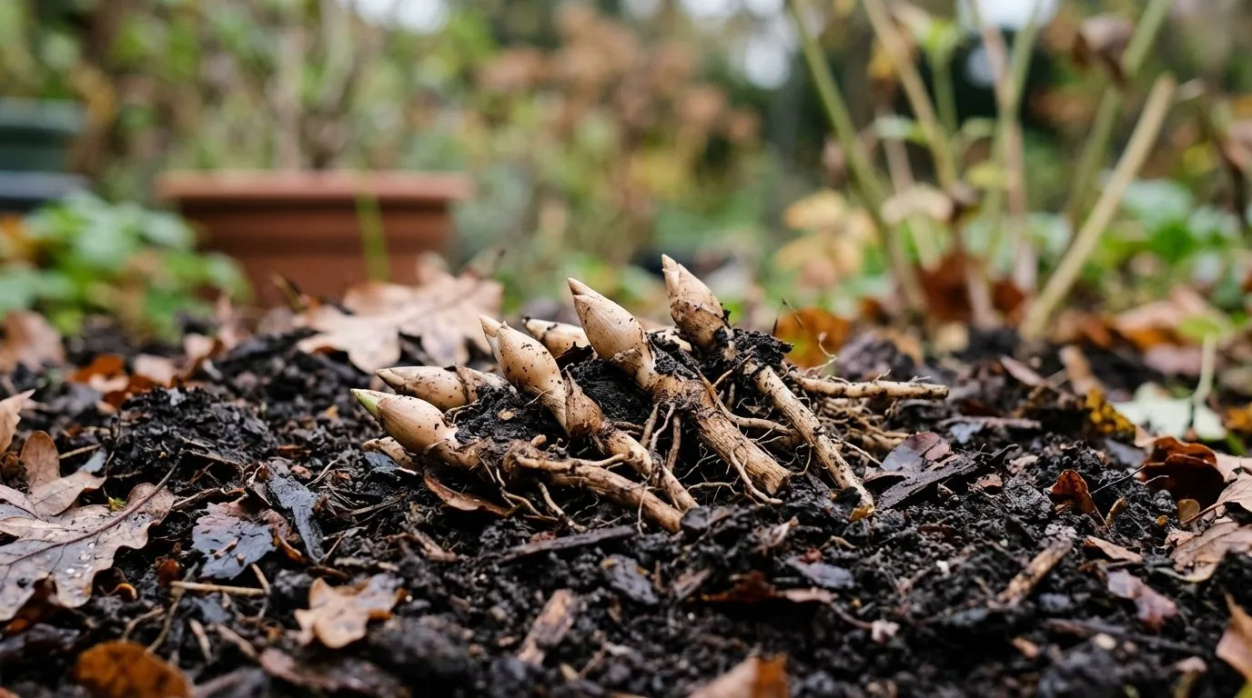 Lily of the valley pips and planting depth shown in prepared woodland soil with leaf mould mulch