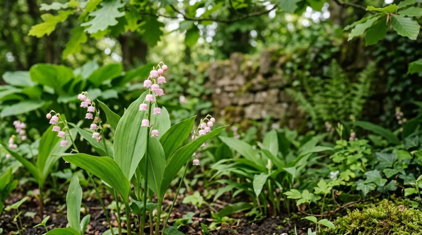 Lily of the valley Rosea pink variety flowering in a shaded UK garden border in May