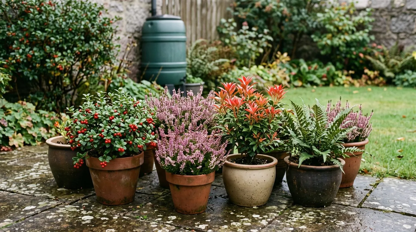 Group of pots with lingonberries, heathers, pieris and a fern on a patio