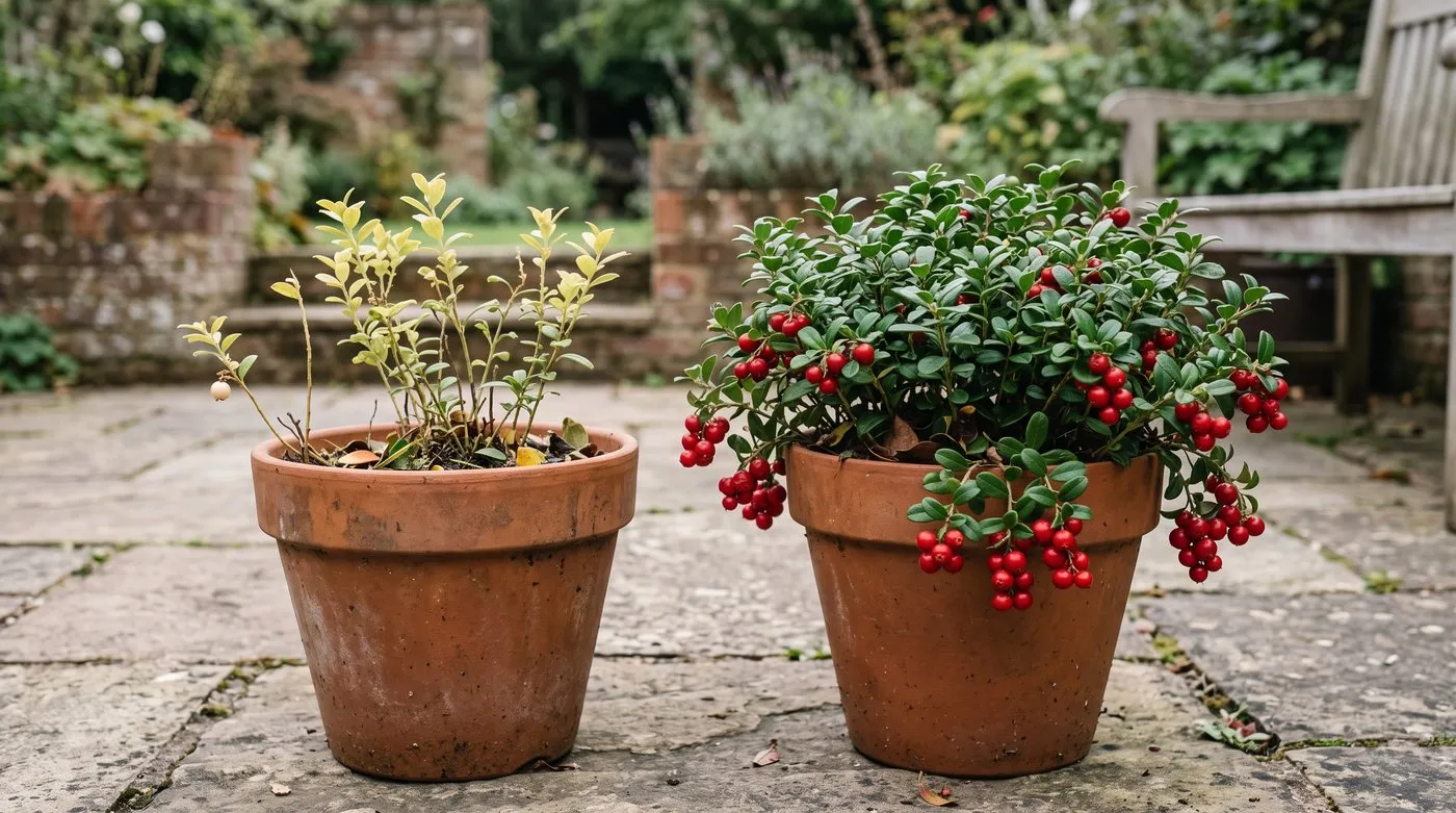 Lingonberry with pale, yellowing growth beside a healthy plant with dark leaves and berries