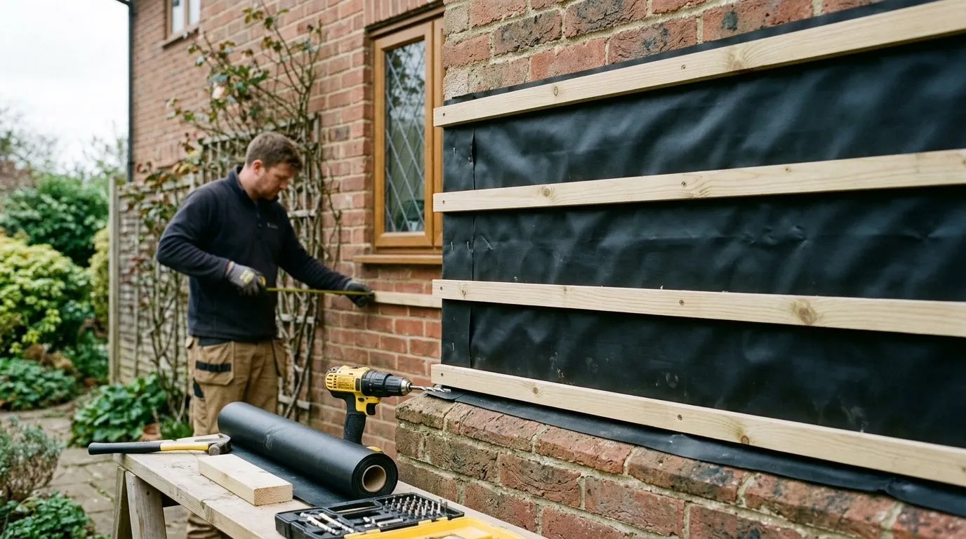 Waterproof membrane and treated timber battens fixed to a UK garden wall before a living wall system is mounted