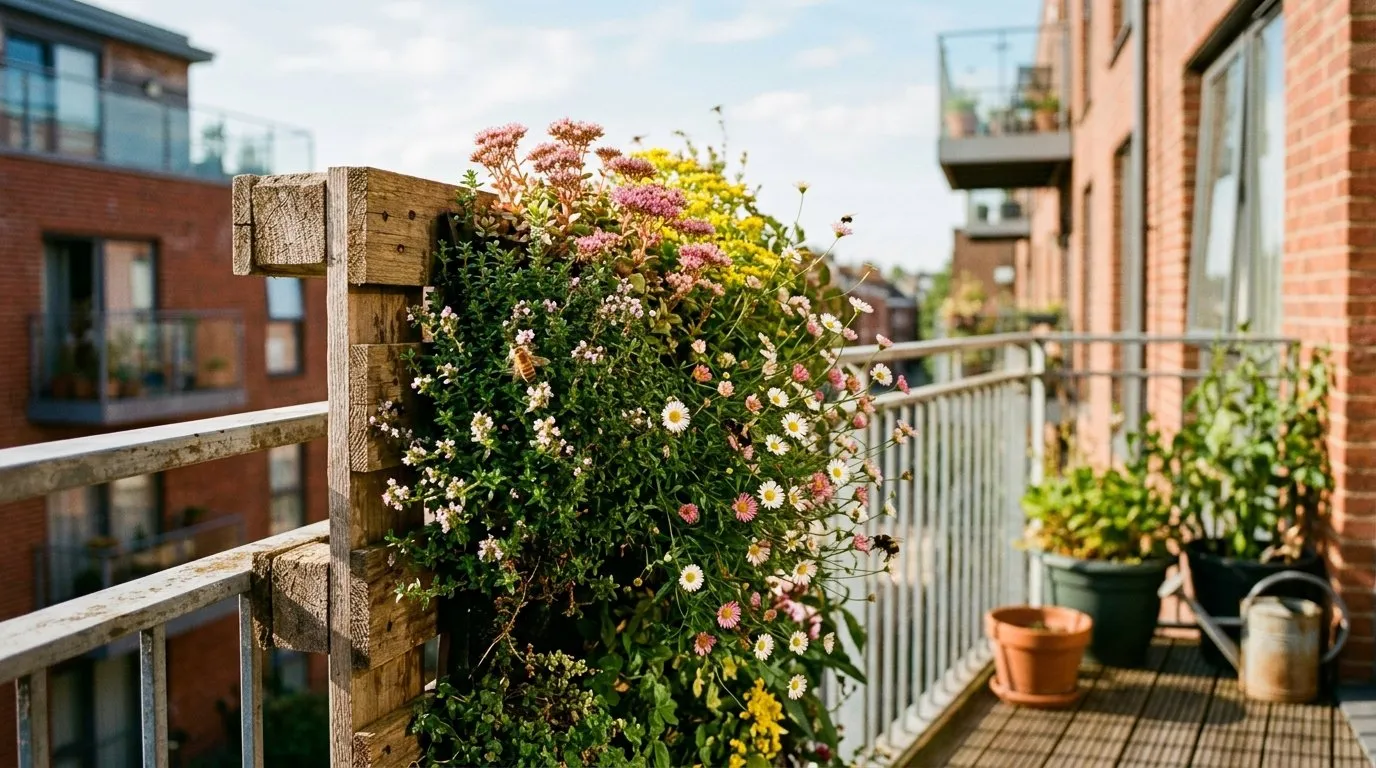 Small courtyard living wall on a city flat balcony in the UK planted with sun-loving thyme, sedum and erigeron alive with bees