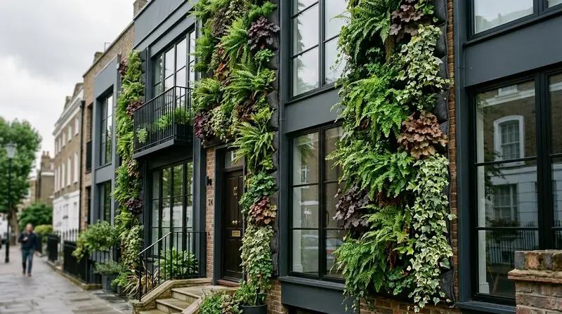 Living wall of ferns, heuchera and trailing ivy on the front of a UK townhouse in soft daylight