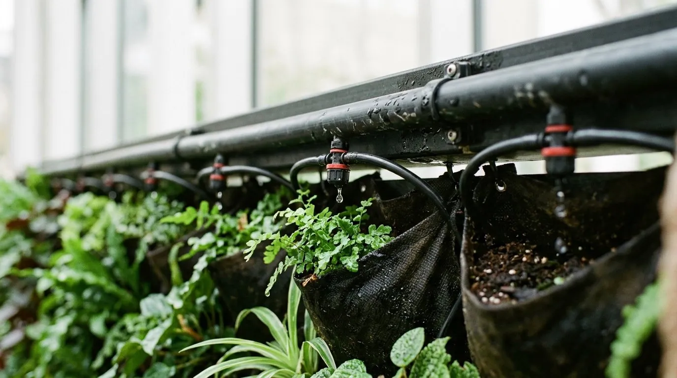 Drip irrigation header pipe running along the top of a UK living wall with individual drippers feeding each planting pocket