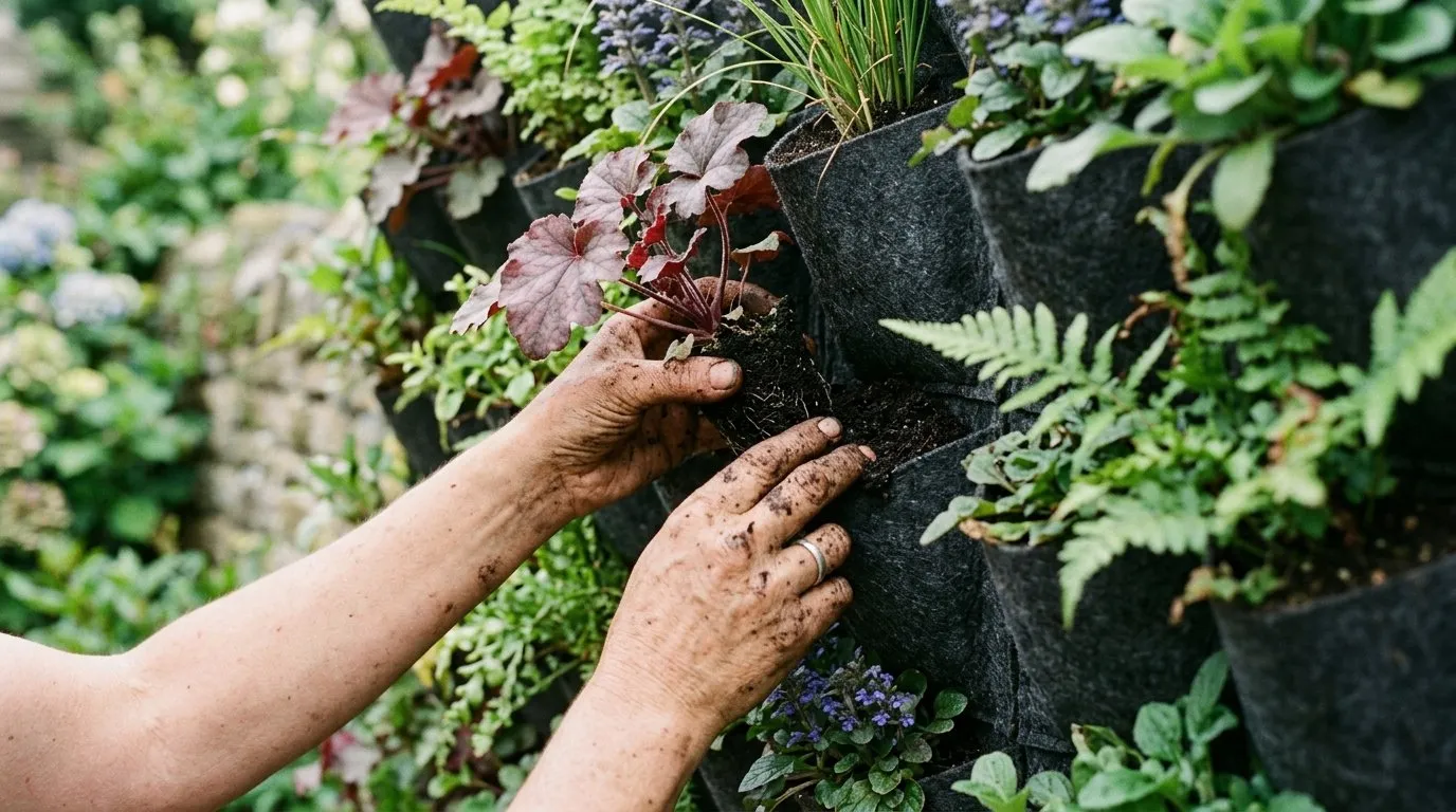 Gardener planting a heuchera plug into a felt pocket on a UK living wall, firming peat-free compost around the roots